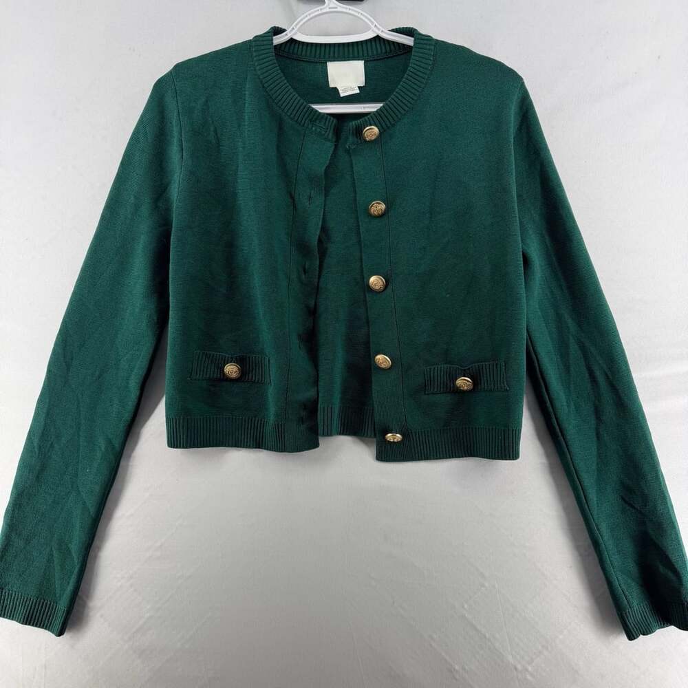1595 H&M Cardigan Size S Green Fine-Knit Gold Button